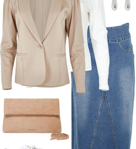 Nougat Ponte Blazer With Snow Knit & Denim Skirt