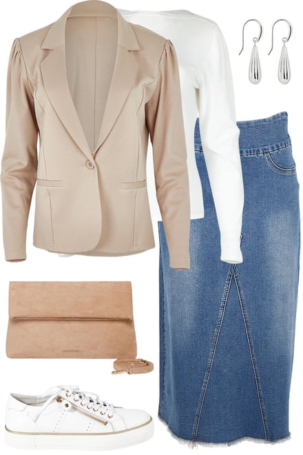 Nougat Ponte Blazer With Snow Knit & Denim Skirt