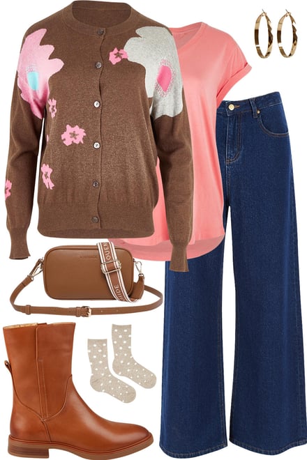 Petal Play Cardi With Pink Tee & Dark Denim