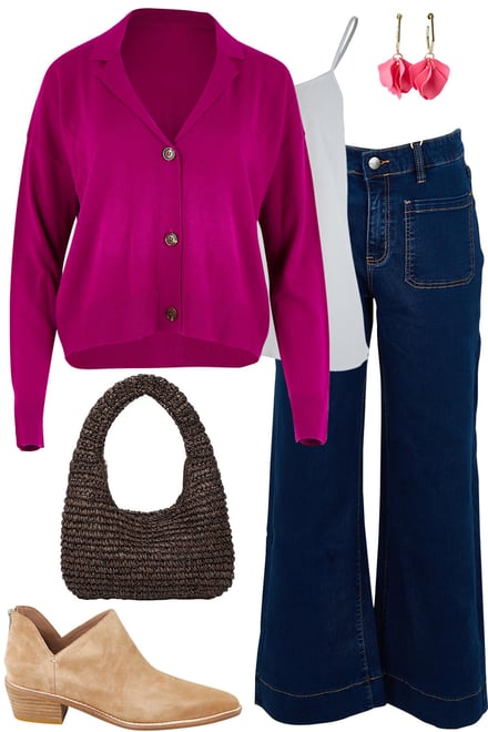 Magenta Cardigan With Dark Denim Jeans