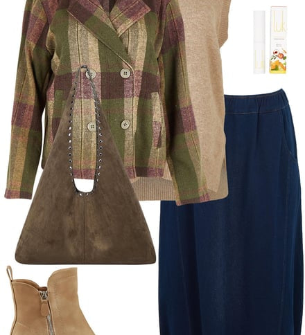 Pea Coat With Denim Look Bubble Skirt & Fawn Knit