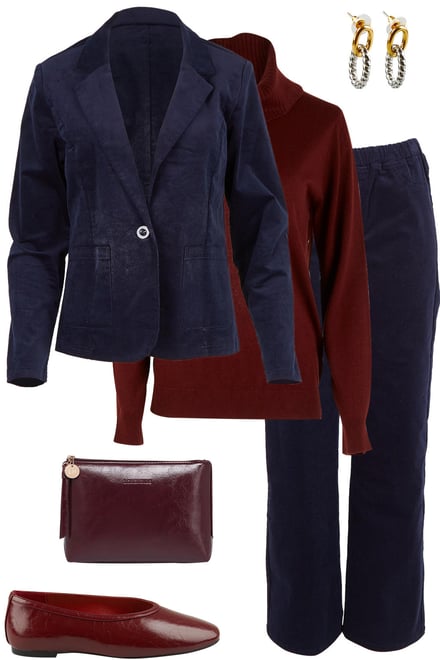 Dark Navy Cord Set With Burnt Plum Roll Neck