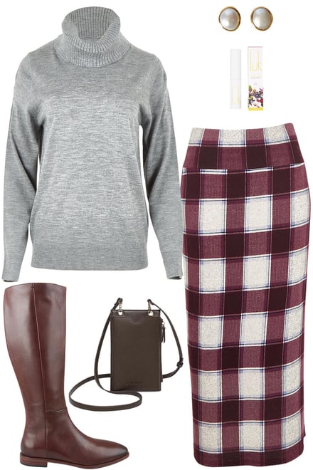 Grey Knit With Burgundy Check Skirt