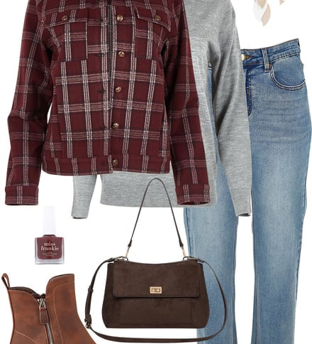 Burgundy Check Jacket With Grey Knit & Denim