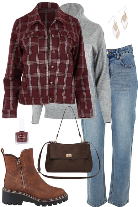 Burgundy Check Jacket With Grey Knit & Denim