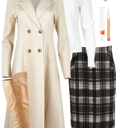 Check Skirt With Snow Knit & Sand Coat