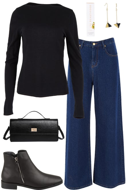Black Knit Boat Neck With Dark Denim & Black