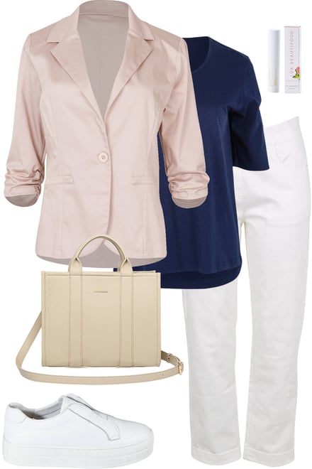 Stone Blazer + Navy Tee + White Pants