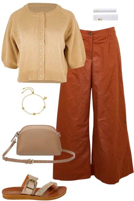 Sand Cardi With Tan Wide Leg Pants