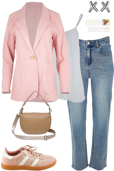 Soft Blush Blazer With Light Denim