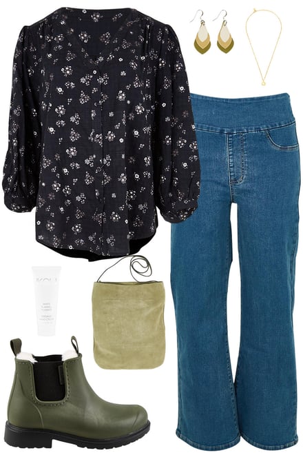 Navy Blouse + Denim + Gumboots