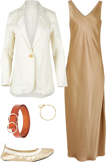 Latte Satin Dress With Cream Blazer