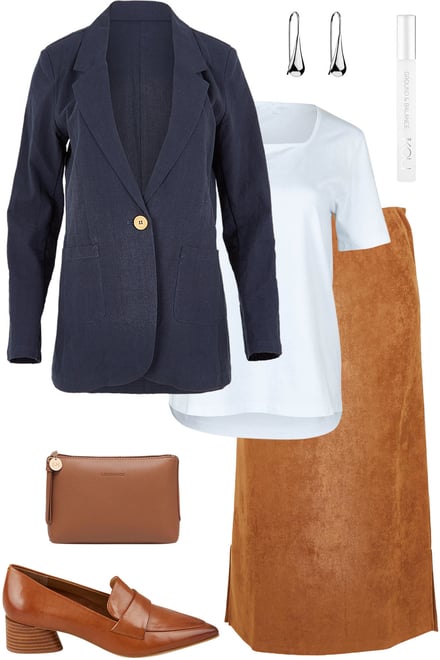 Navy Longline Blazer & Tan Faux Suede Skirt