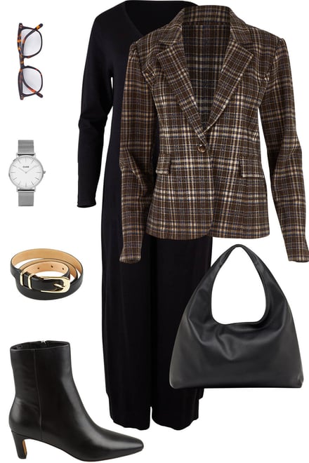 Belted Knit Dress With Houndstooth Blazer & Boots