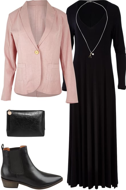 Soft Blush Blazer With Black Maxi Dress