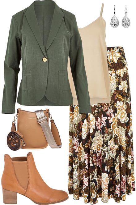 Khaki Blazer With Garden Print Skirt