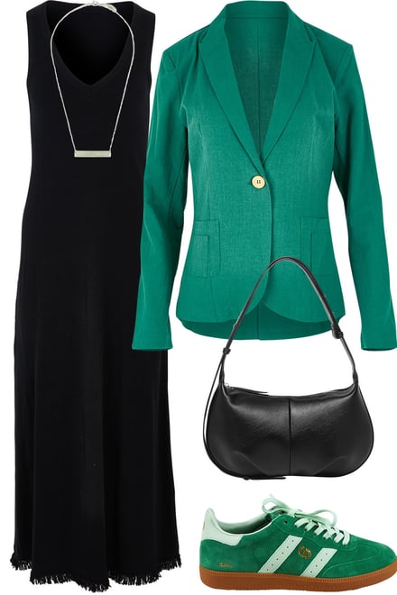 Green Linen Blazer With Black Knit Maxi