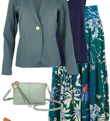 Lagoon Blazer With Deepgreen Print Skirt