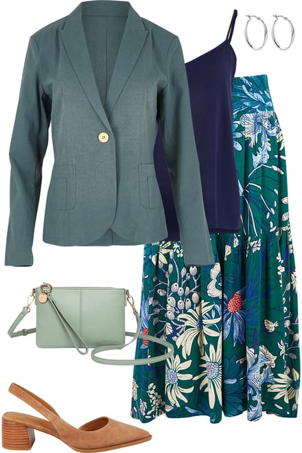 Lagoon Blazer With Deepgreen Print Skirt