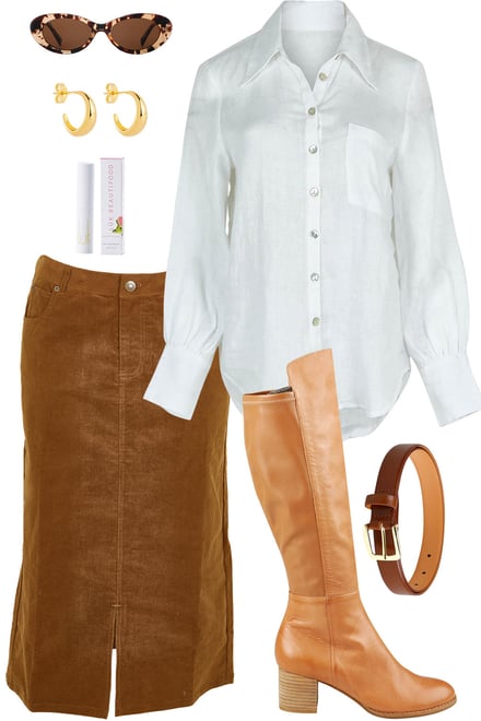 White Linen Shirt With Malt Cord Skirt