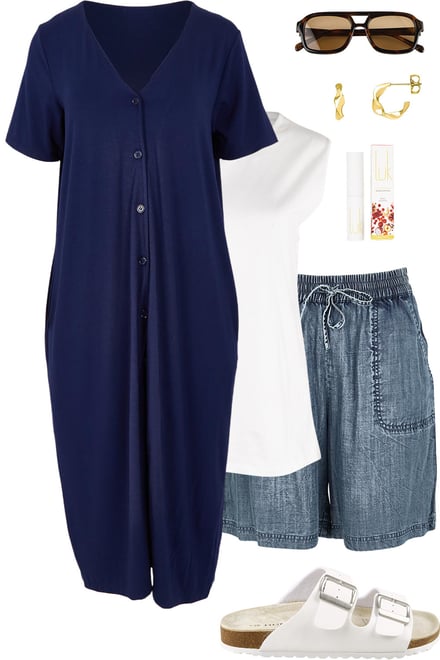 Navy Dress & White Tank & Indigo Shorts