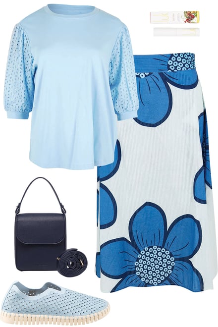 Blue Tee & Flower Skirt - Playful Look