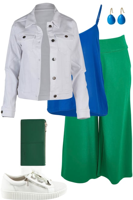 White Denim With Blue Cami & Green Pants