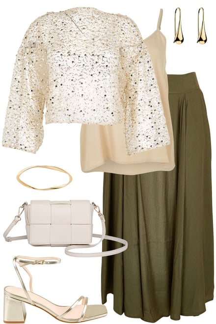 Gold Sequin Top With Khaki Skirt