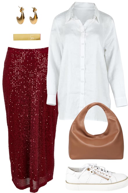 White Linen Shirt With Rouge Sequin Skirt