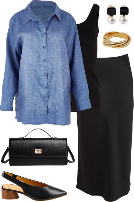 Blue Linen Shirt With Black Satin Skirt
