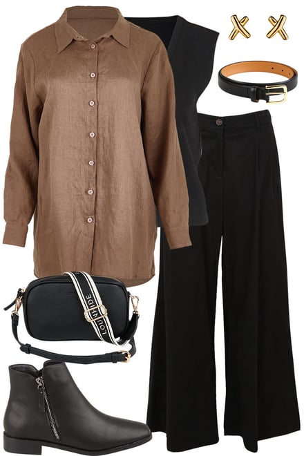 Coffee Linen Shirt With Black Tank and Pants