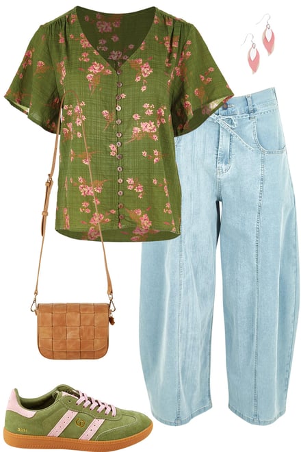 Green Pink Blouse & Denim Barrels