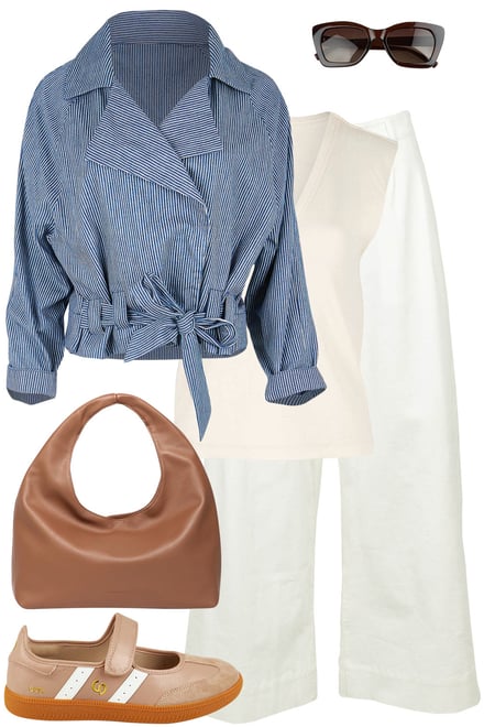 Stripe Trench & Tank & White Pants