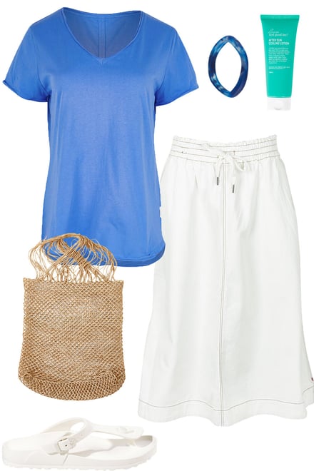 Azure Tee & Vintage White Denim Skirt