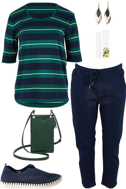 Navy Green Striped Tee & Navy Pants