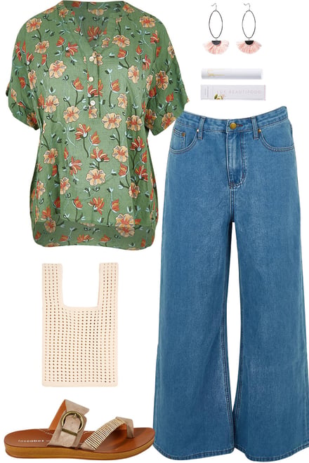 Leaf Flower Chain Blouse & Light Denim