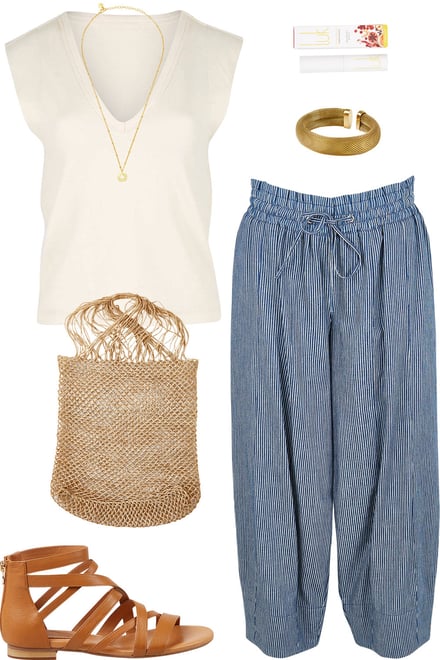 Cream Tank & Blue Striped Pants