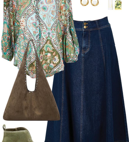Greenfolk Blouse & Dark Denim Skirt