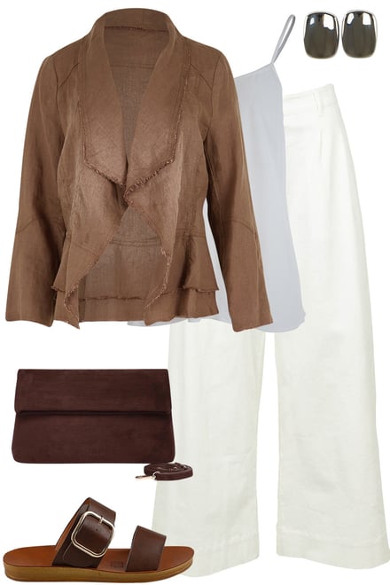 Coffee Draped Jacket With White Pants