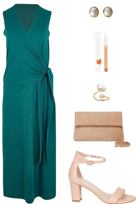 Jewel Faux Wrap Dress With Neutrals