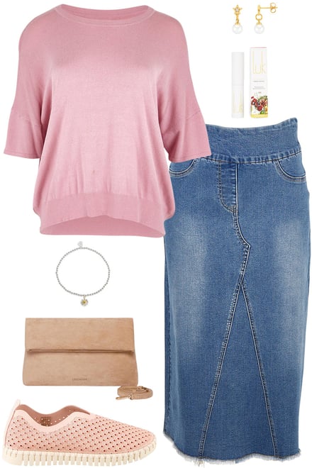 Blush Candy Knit With Denim Skirt
