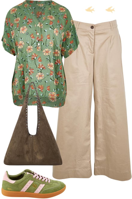 Leaf Floral Blouse With Wheat Pants