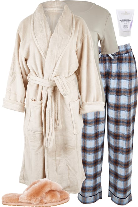 Stone Robe + Latte Tee + Flannel Pants