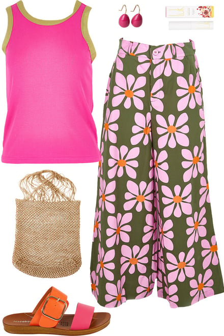 Raspberry Tank With Cosmos Print Pants