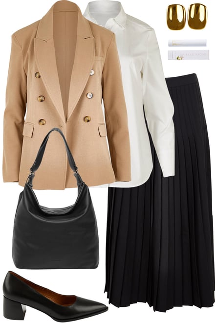 Tan Blazer + White Shirt + Pleated Skirt