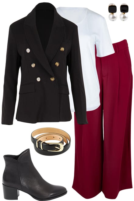 Black Blazer + White Tee + Burgundy Pants