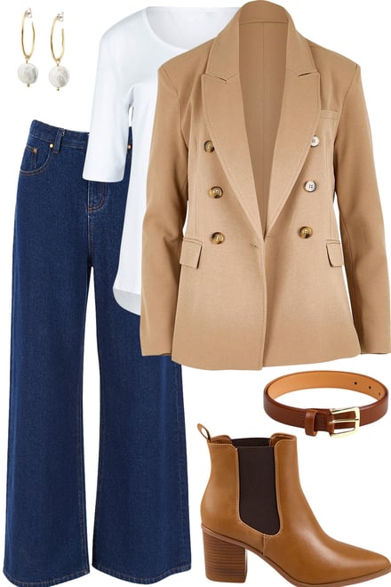 Tan Blazer + White Tee + Dark Denim