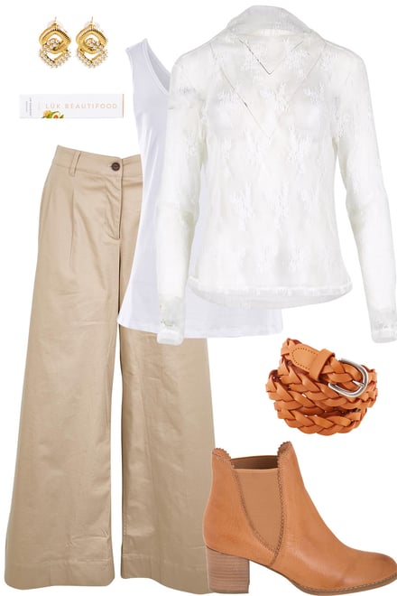 White Lace Top With Wheat Pants