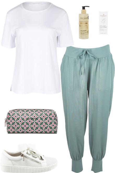 White Tee & Sage Joggers Self Care Day