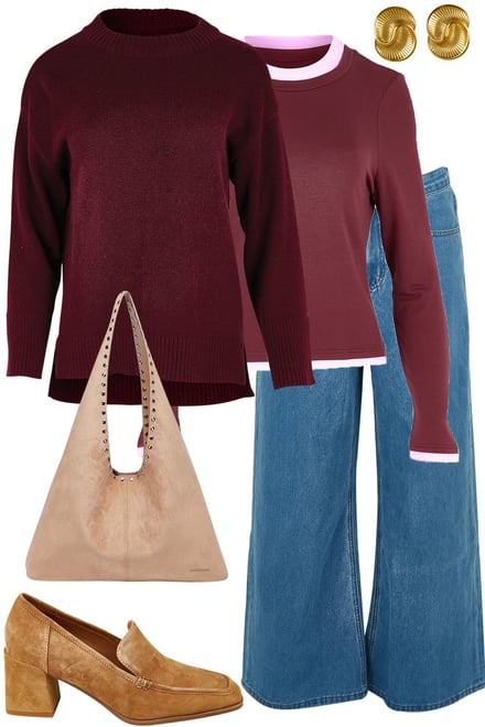 Burgundy Jumper & Tee With Mid Denim